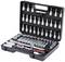 A black tool case with various socket keys, ratchets and extension bars, neatly arranged in compartments.