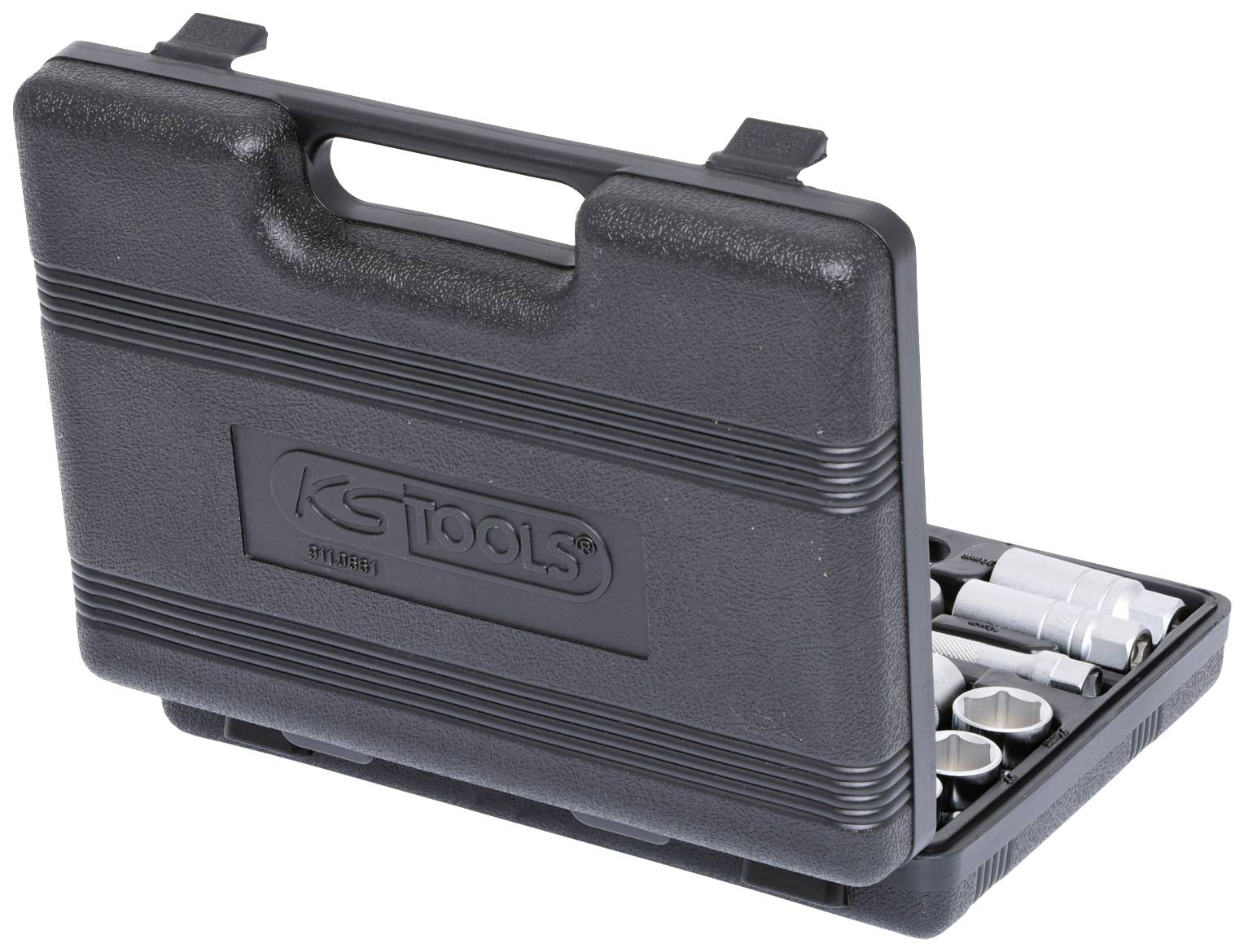 Black tool case with socket wrench set. Opened to display various sockets and extensions.