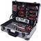 An open toolbox displays various hand tools, including screwdrivers, socket wrenches, spirit level and more.