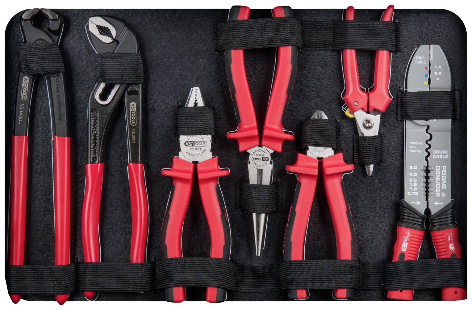 Tool set with pliers, side cutters, wire strippers and spanner, all with red handles, in a black holder.