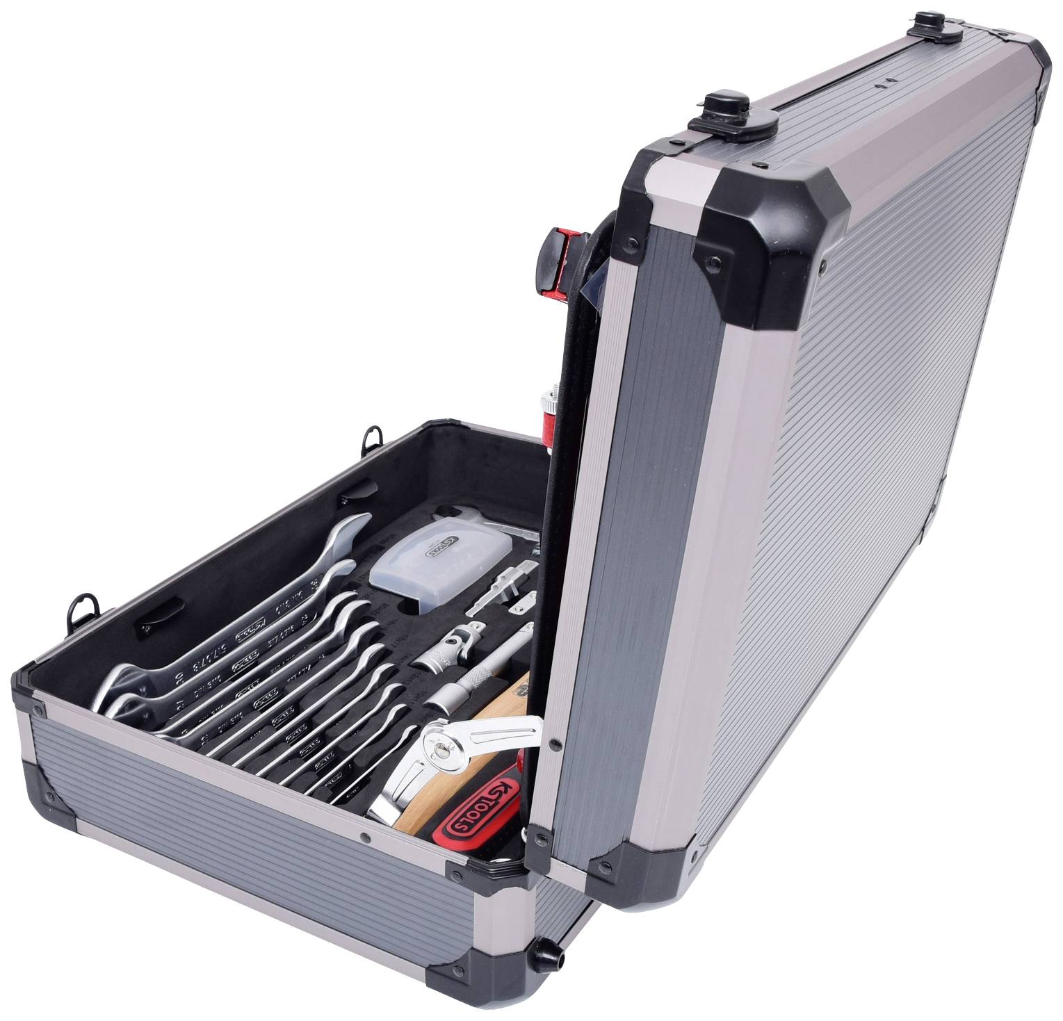 An open toolbox with various spanners, a hammer and other tools, suitable for repair work.