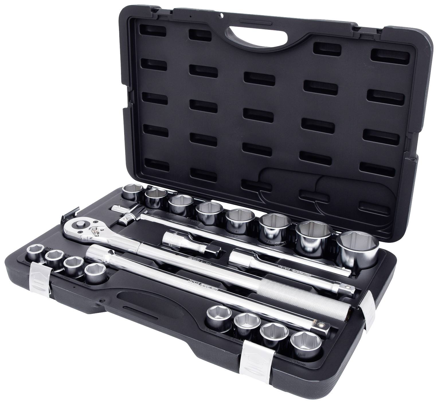 An open toolbox with various socket wrenches and a ratchet.