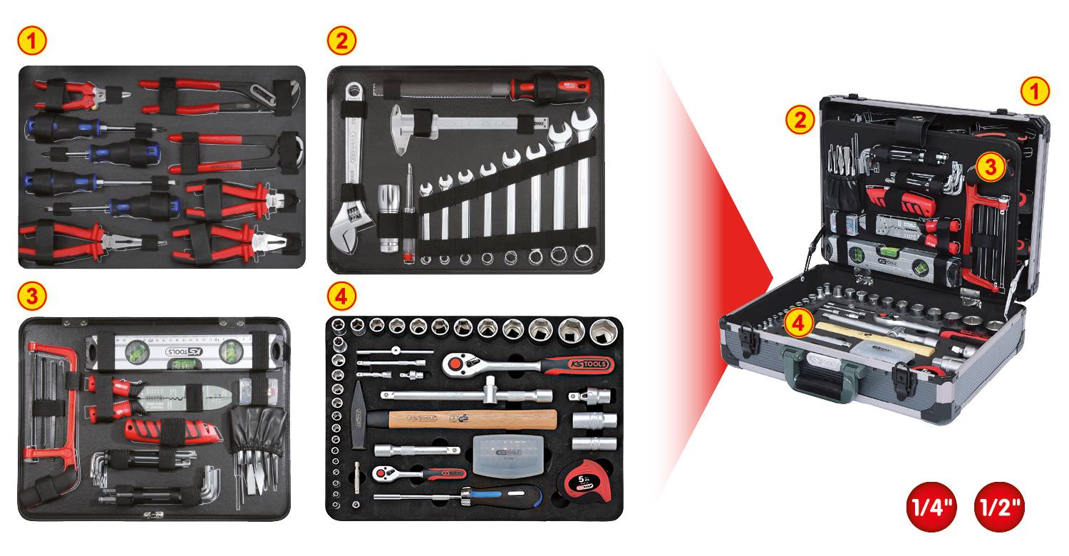 'Toolbox with various tools such as pliers, screwdrivers, spanners and a hammer, arranged in four organised compartments.'