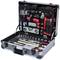 An open toolbox with various hand tools, including spanners, screwdrivers, spirit level, and pliers.