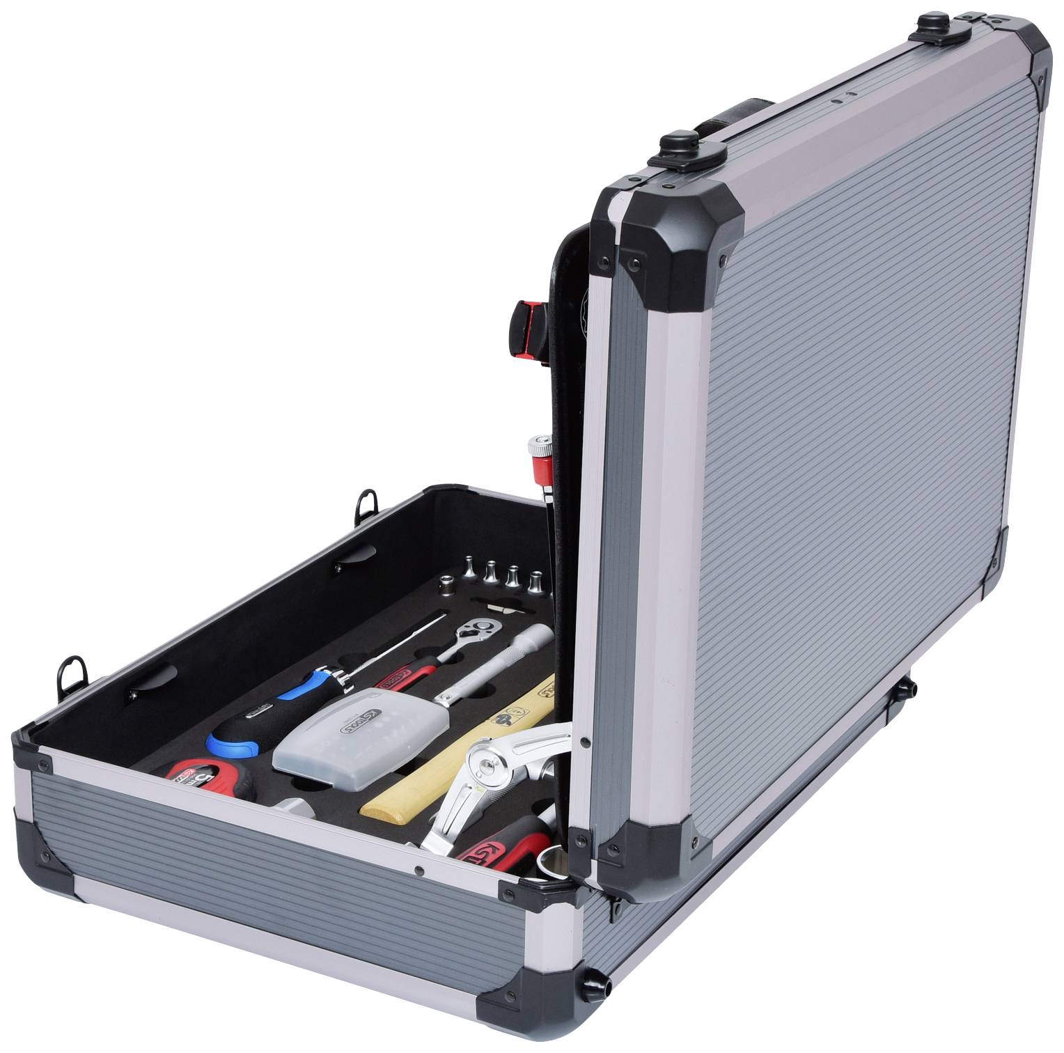 An open silver toolbox with various tools such as screwdrivers, pliers, and a hammer.