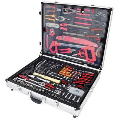 An opened toolkit with various hand tools such as screwdrivers, pliers, a hammer and spanners, neatly arranged.