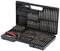 Screwdriver set with various bits and socket wrenches in an open black case. Includes a handle and numerous metal attachments.