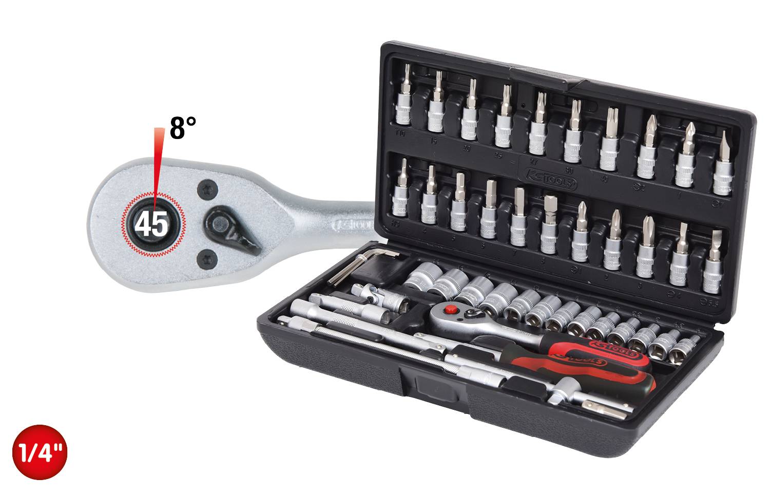 'Set of socket keys and bits in an open plastic case, including a ratchet with 8° angle and 45 teeth.'