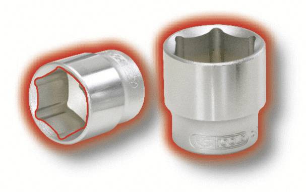 Two gleaming metal hexagonal socket wrench attachments, one lying down, the other standing upright, against a light background.