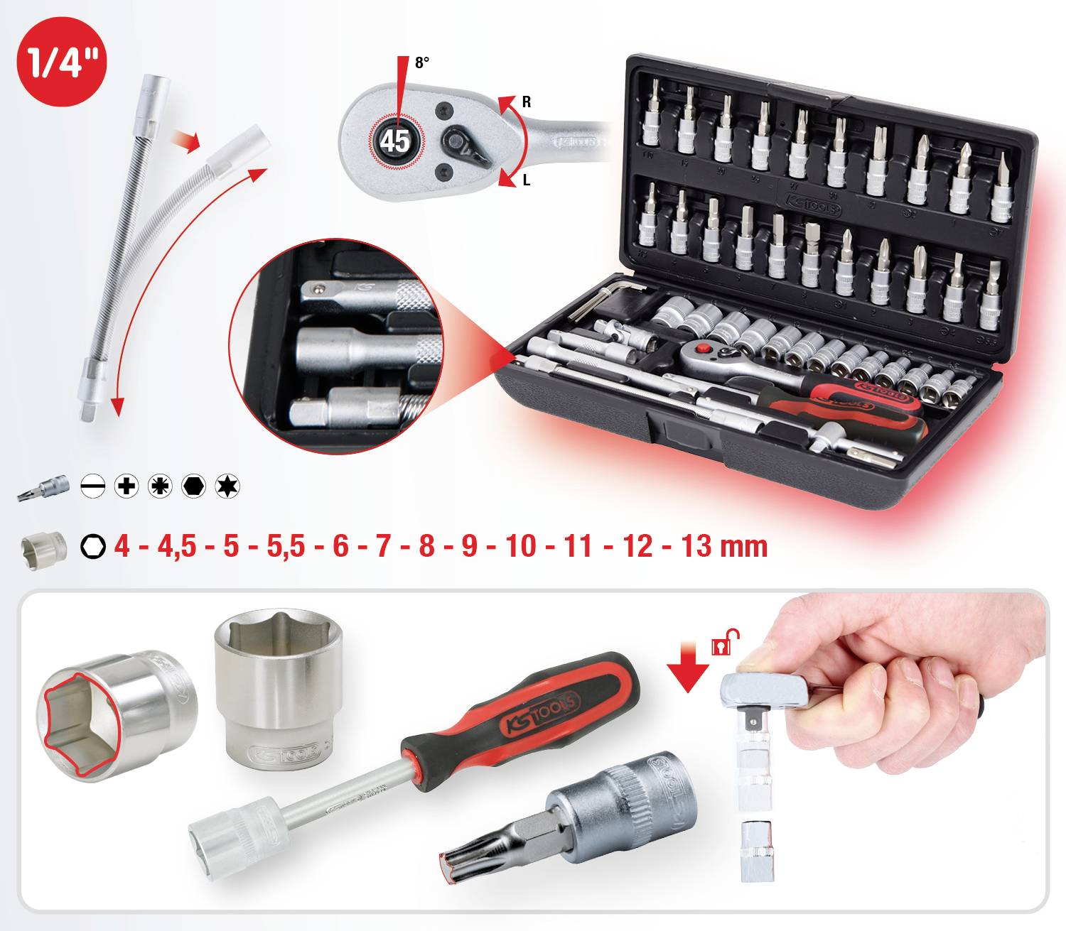 Tool set with socket wrenches, bits and ratchet. Sizes range from 4 to 13 mm. Also includes extensions and a screwdriver handle.