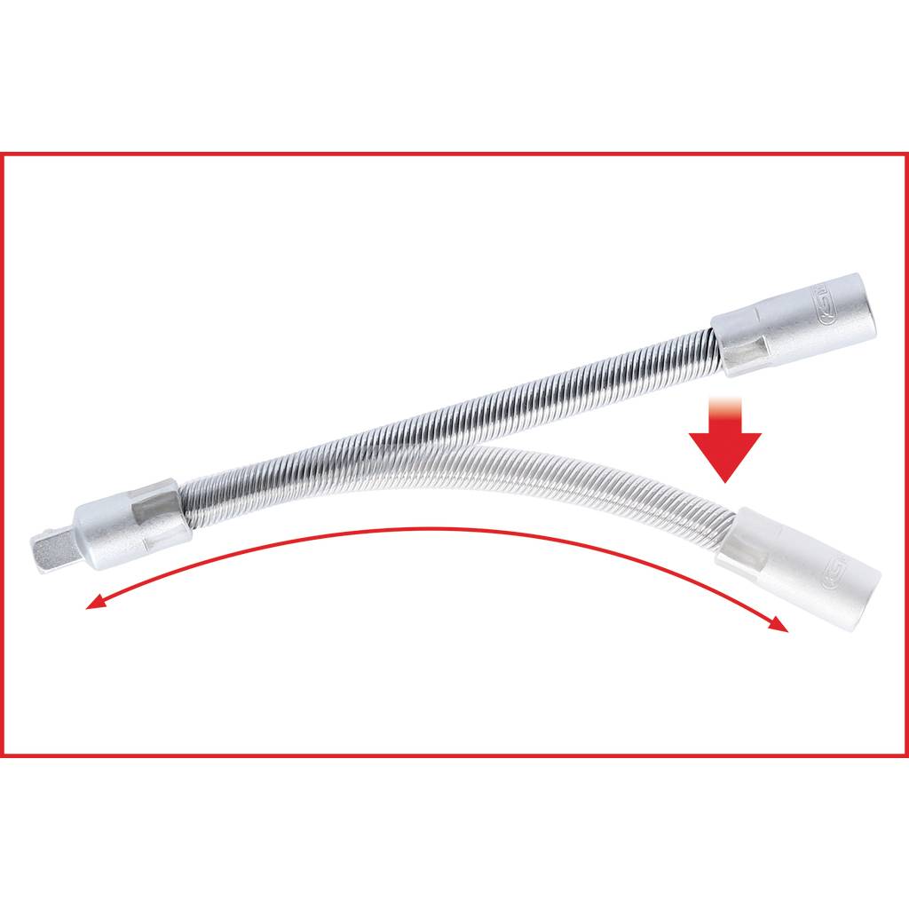 A flexible metal hose is represented by an arrow indicating its bending capability. Suitable for installation.