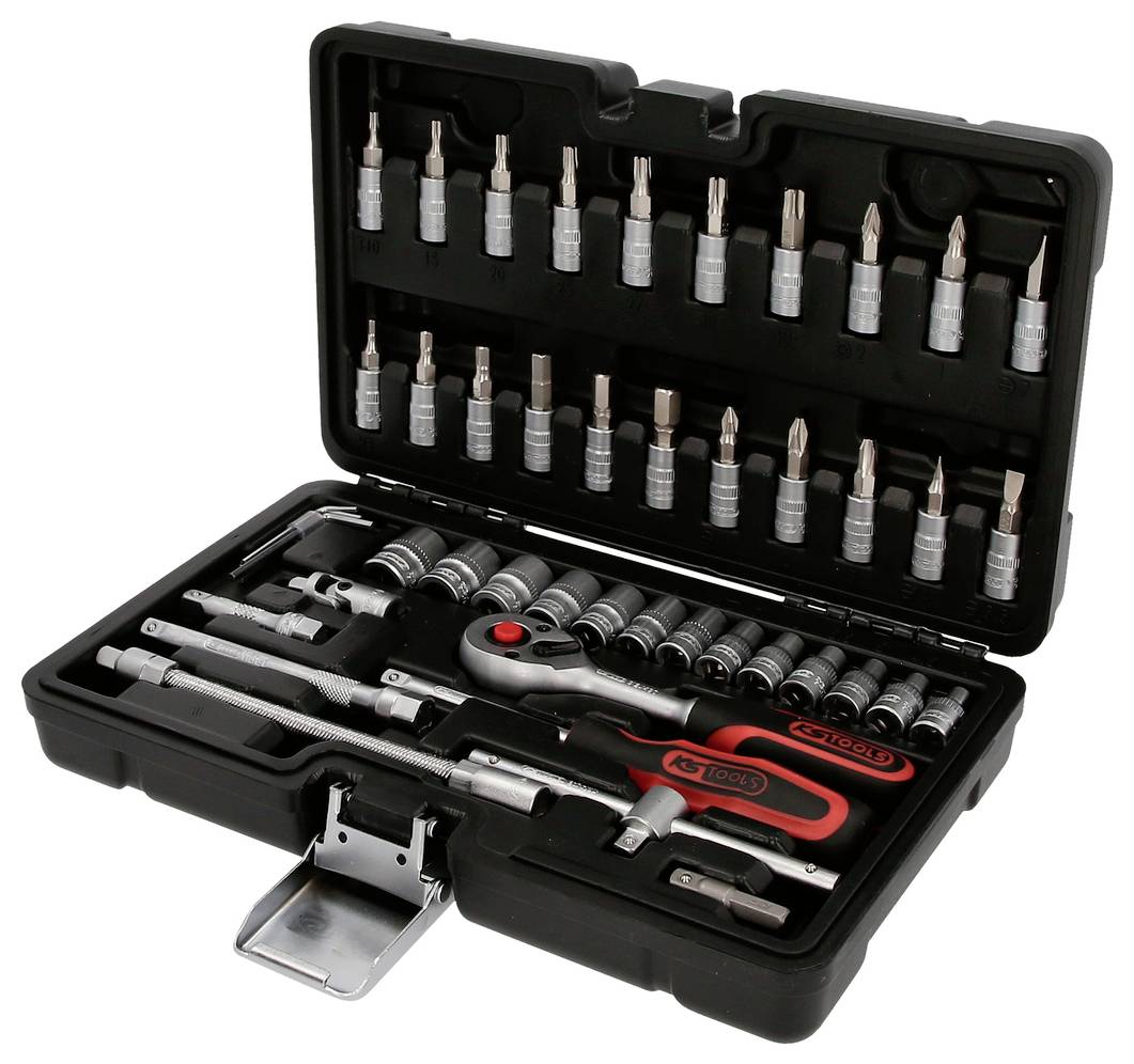 An open toolbox containing a wide variety of socket wrenches, screwdrivers, and accessories in different sizes and shapes.