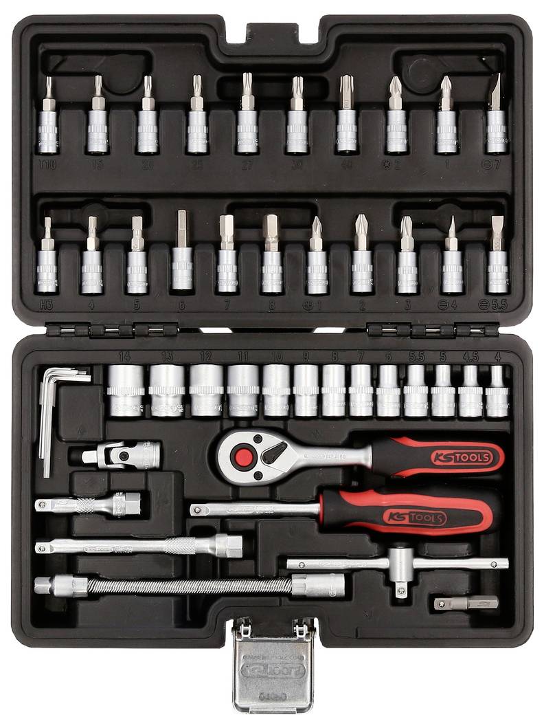 'Set of tools in a case with ratchets, socket wrenches and bits in various sizes, suitable for versatile repair work.'