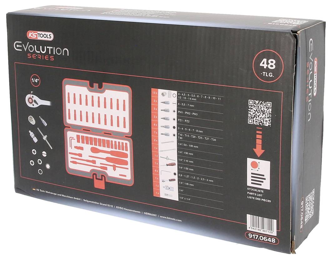 Packaging for a 48-piece tool set by KS Tools, featuring an illustration of contents: ratchet spanner, bits, screwdriver attachments.