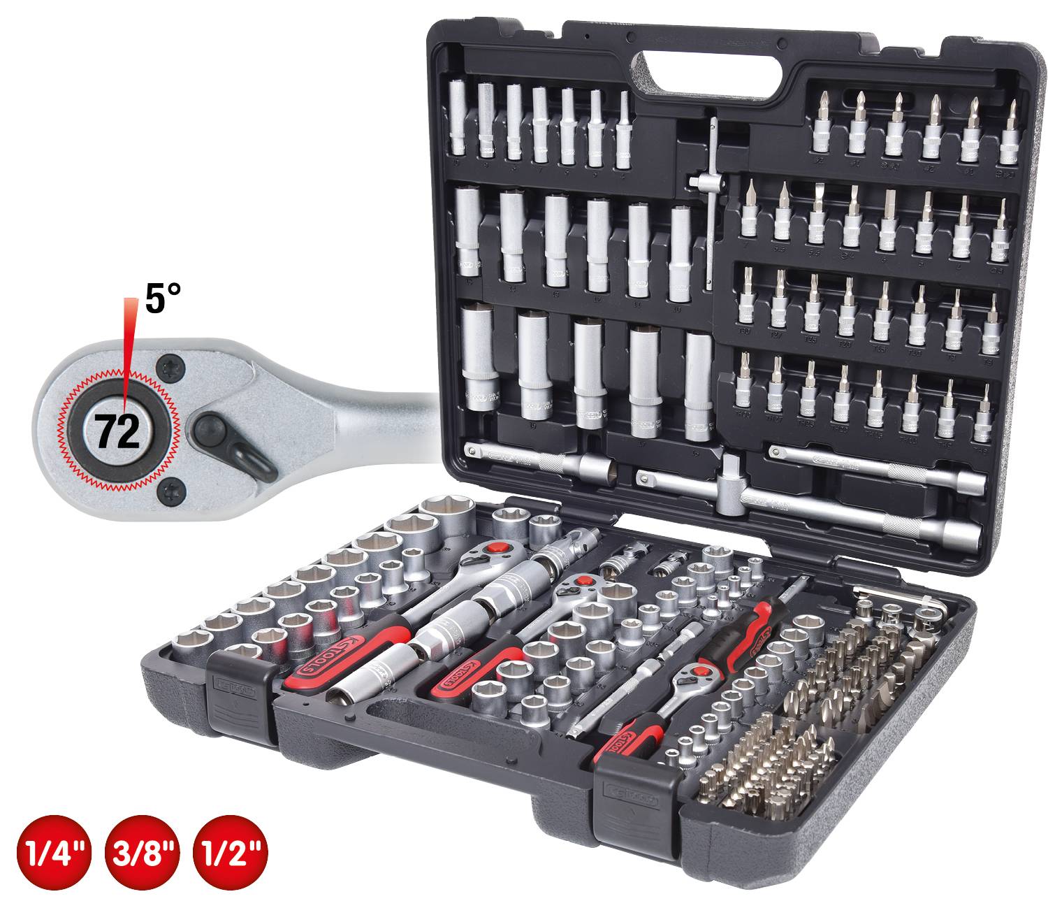 A comprehensive socket wrench set in an open black case. Contains various sockets, bits and a ratchet mechanism with 72 teeth and a 5° working angle.