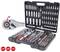 A comprehensive socket wrench set in an open black case. Contains various sockets, bits and a ratchet mechanism with 72 teeth and a 5° working angle.
