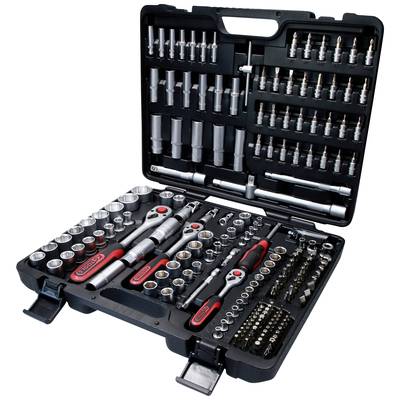 An open toolbox with various socket wrenches, ratchets, and extensions, organised in moulded compartments.