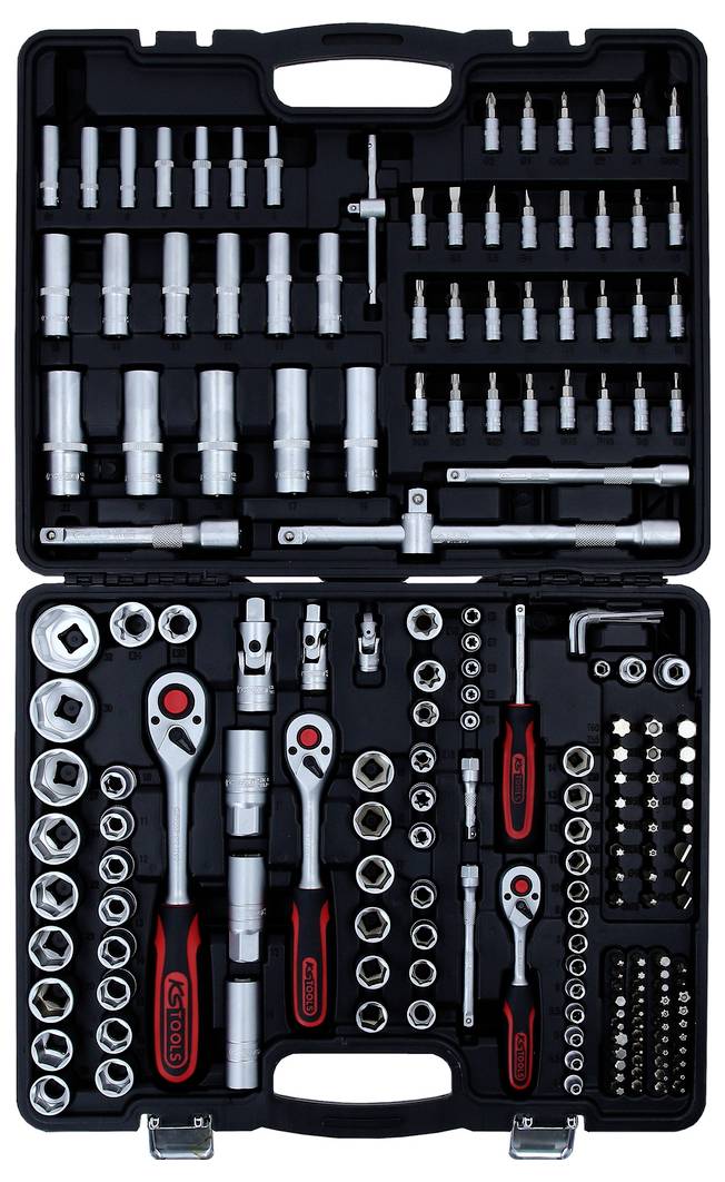 Tool case with ratchets, socket wrenches and bits in various sizes, neatly arranged in a black case.