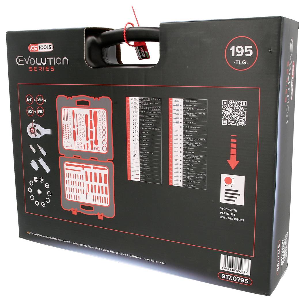 'KS Tools Evolution Series' Tool Case with 195 Pieces, Model Number 917.0795. Tools and parts list are illustrated.