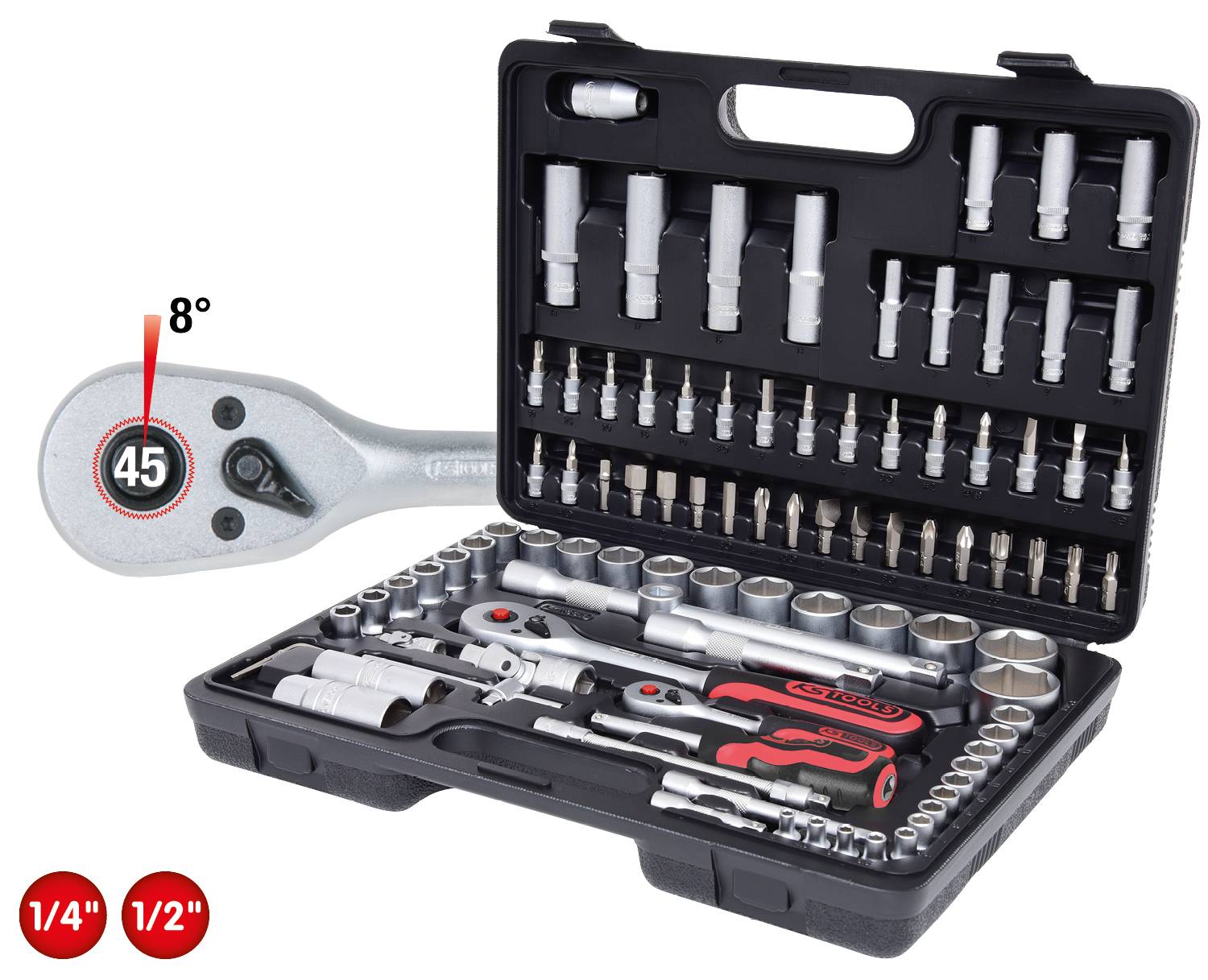 An open tool case with various sockets, ratchet spanners, and bits. Contains size specifications of '1/4"' and '1/2"' and a note about an 8° angle setting on a ratchet.