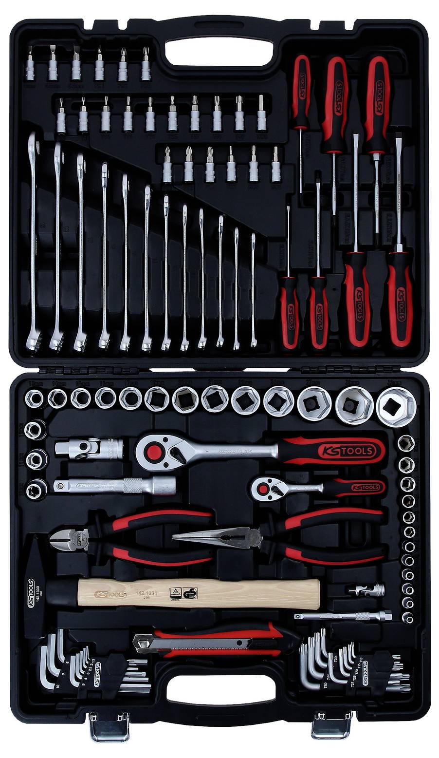 An open toolbox with various tools, including screwdrivers, spanners, pliers, and ratchets.