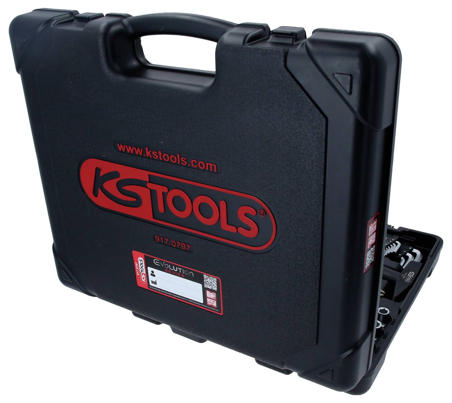 Black KS Tools case with handle, partially open, showing some tools. Imprinted with company logo and website.