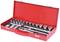 Red toolbox with open sockets, ratchet and extension bars. Suitable for various screwdriver sizes.