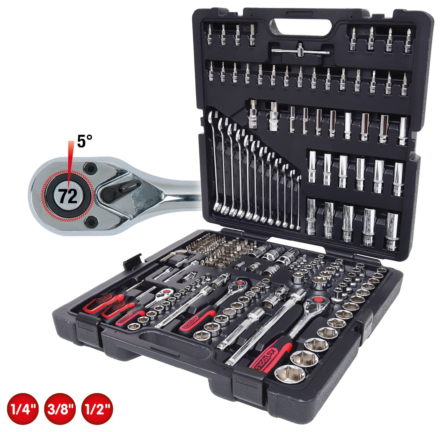 An open toolbox with various spanners, socket wrenches, and a ratchet; 72-tooth ratchet with a 5-degree swing range.