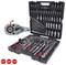 An open toolbox with various spanners, socket wrenches, and a ratchet; 72-tooth ratchet with a 5-degree swing range.