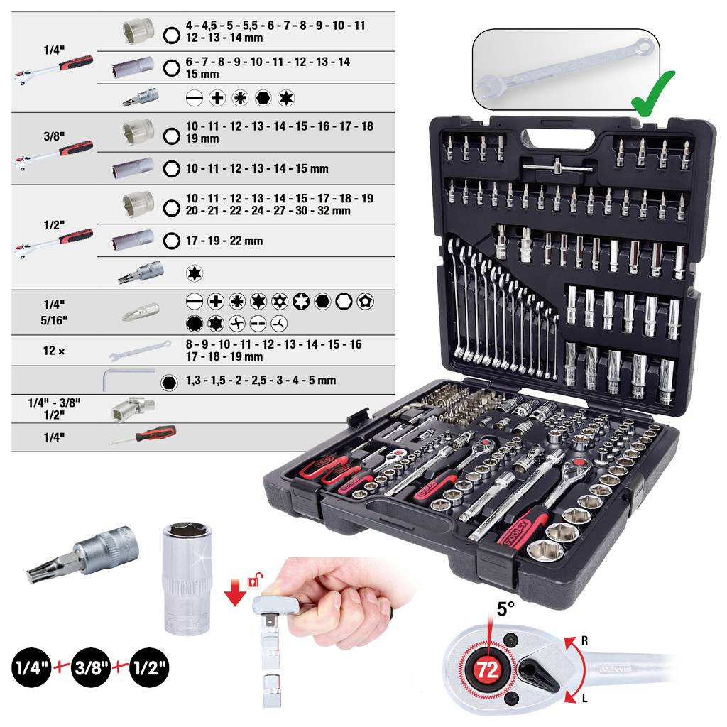 'Comprehensive socket set in a case with various sizes and types of sockets, ratchets, and adapters, illustrating a versatile tool set.'