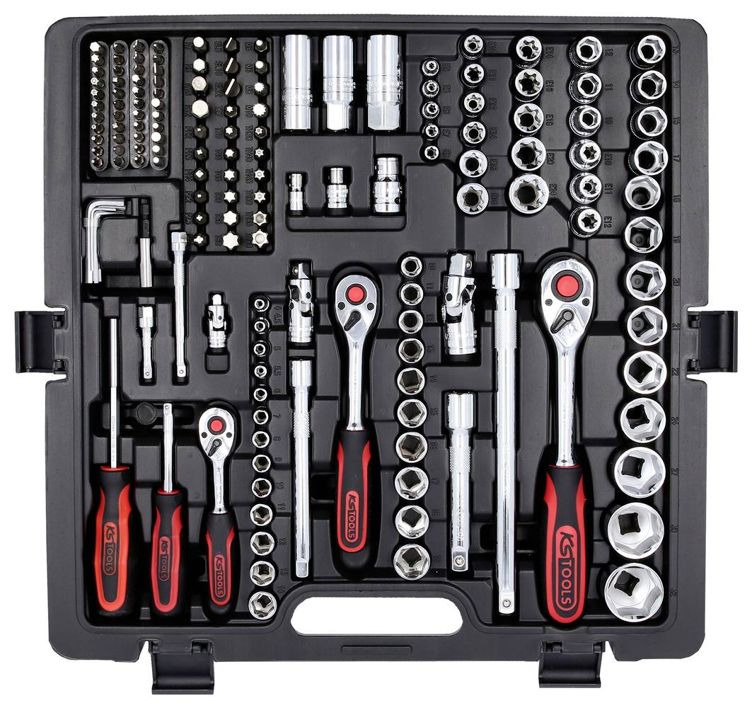 A black toolkit containing various organized sockets, ratchets, wrenches, and screwdriver bits, arranged neatly in a portable case.