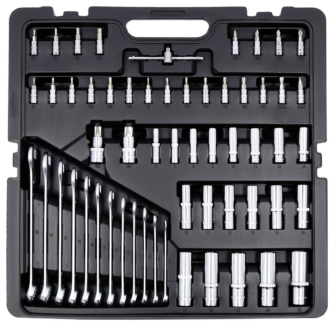 A black tool case containing various chrome sockets, wrenches, and bits organized in compartments.