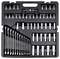 A black tool case containing various chrome sockets, wrenches, and bits organized in compartments.