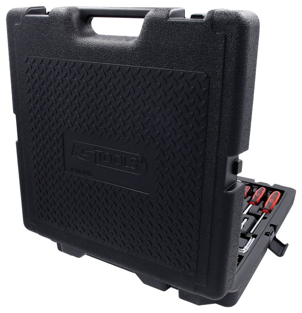 A black tool case partially open, revealing red and black-handled tools inside. The exterior has a textured surface with a central logo.