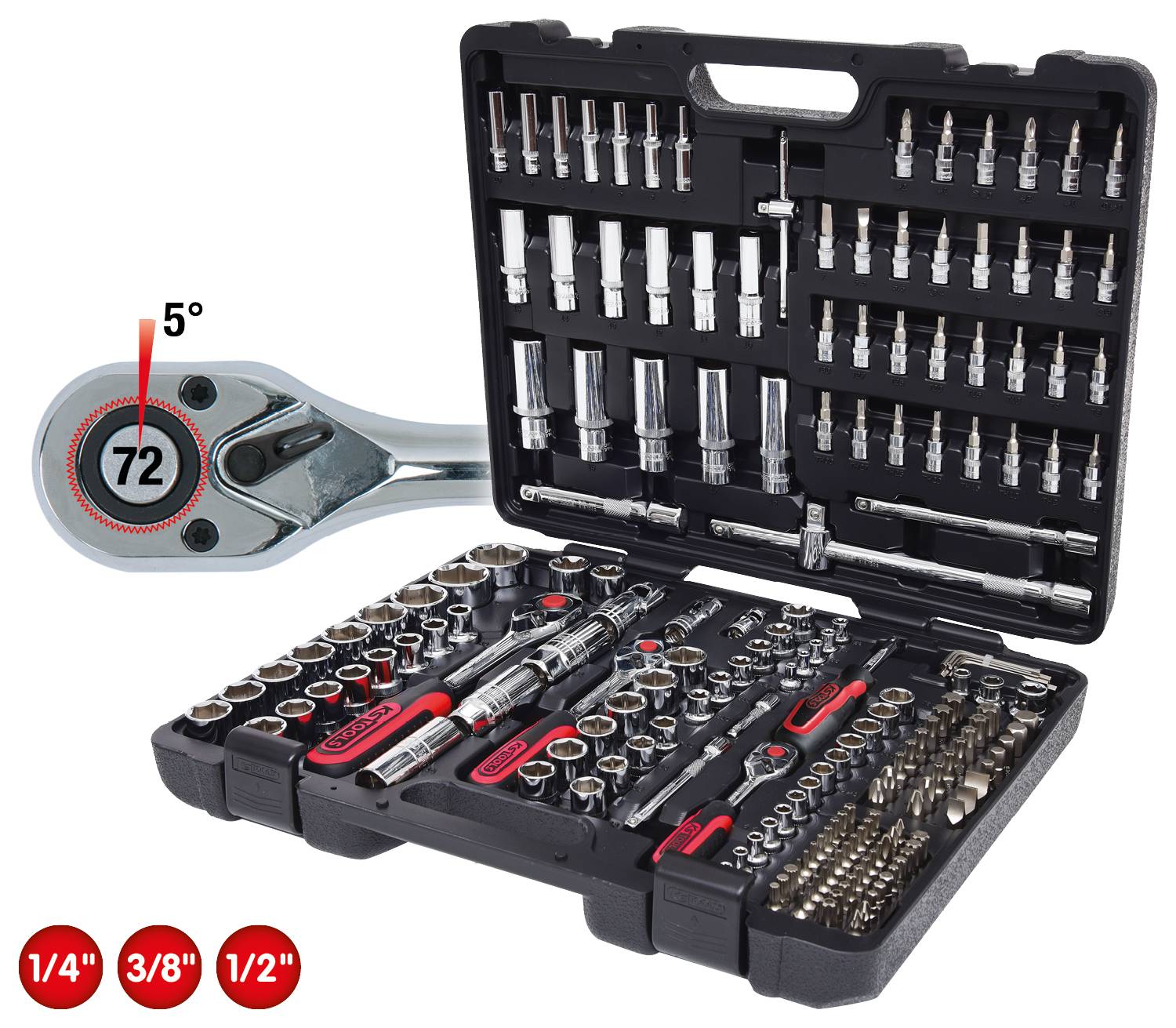 'Set of spanners and bits in an open toolbox. Shows various sizes and types of socket wrenches and bits.'