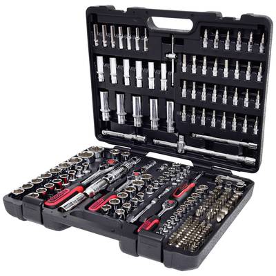 An open toolbox with a comprehensive collection of spanners, socket wrenches, and bits arranged in neat compartments.