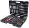 An open toolbox with a comprehensive collection of spanners, socket wrenches, and bits arranged in neat compartments.