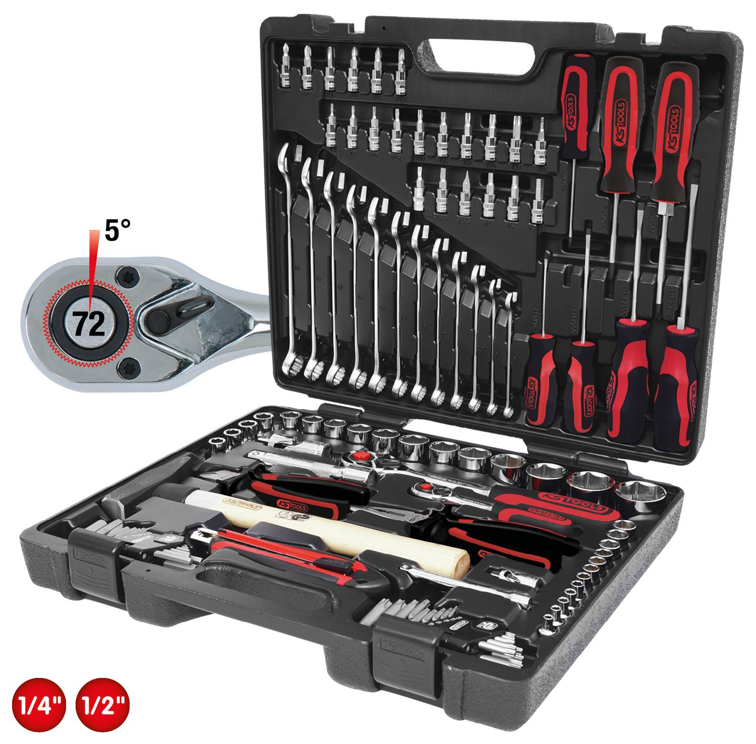 A tool case with a wide range of spanners, socket wrenches, and screwdrivers, suitable for various repair jobs.