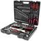 'Black tool case with open lid reveals various spanners, screwdrivers and accessories neatly arranged.'