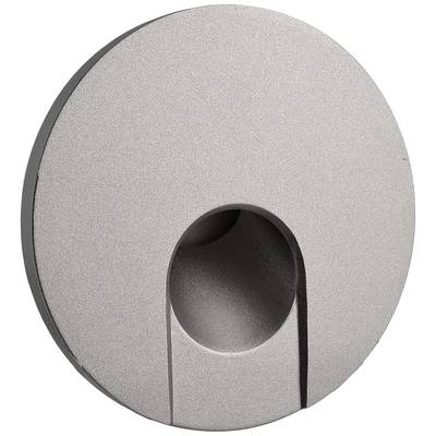 Round, silver-coloured lighting element with a central light emission pointing downwards in a short recess.