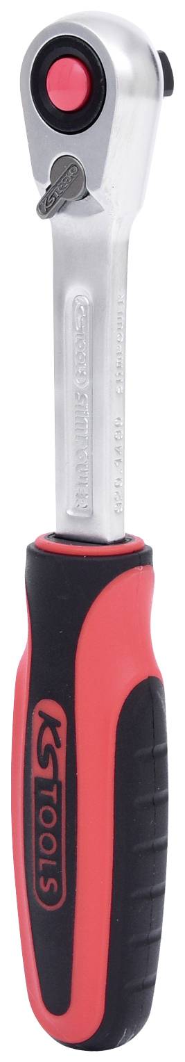 A ratchet spanner with a red and black handle and silver head.