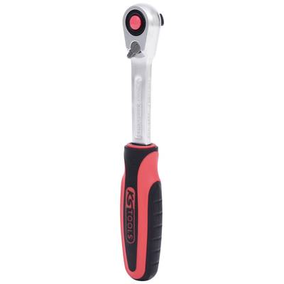 A ratchet spanner with a red and black handle and silver head.