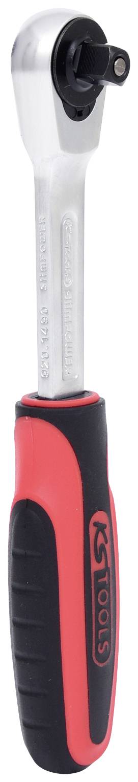 A ratchet spanner with an ergonomic handle and silver metal head for use in screw-related tasks.