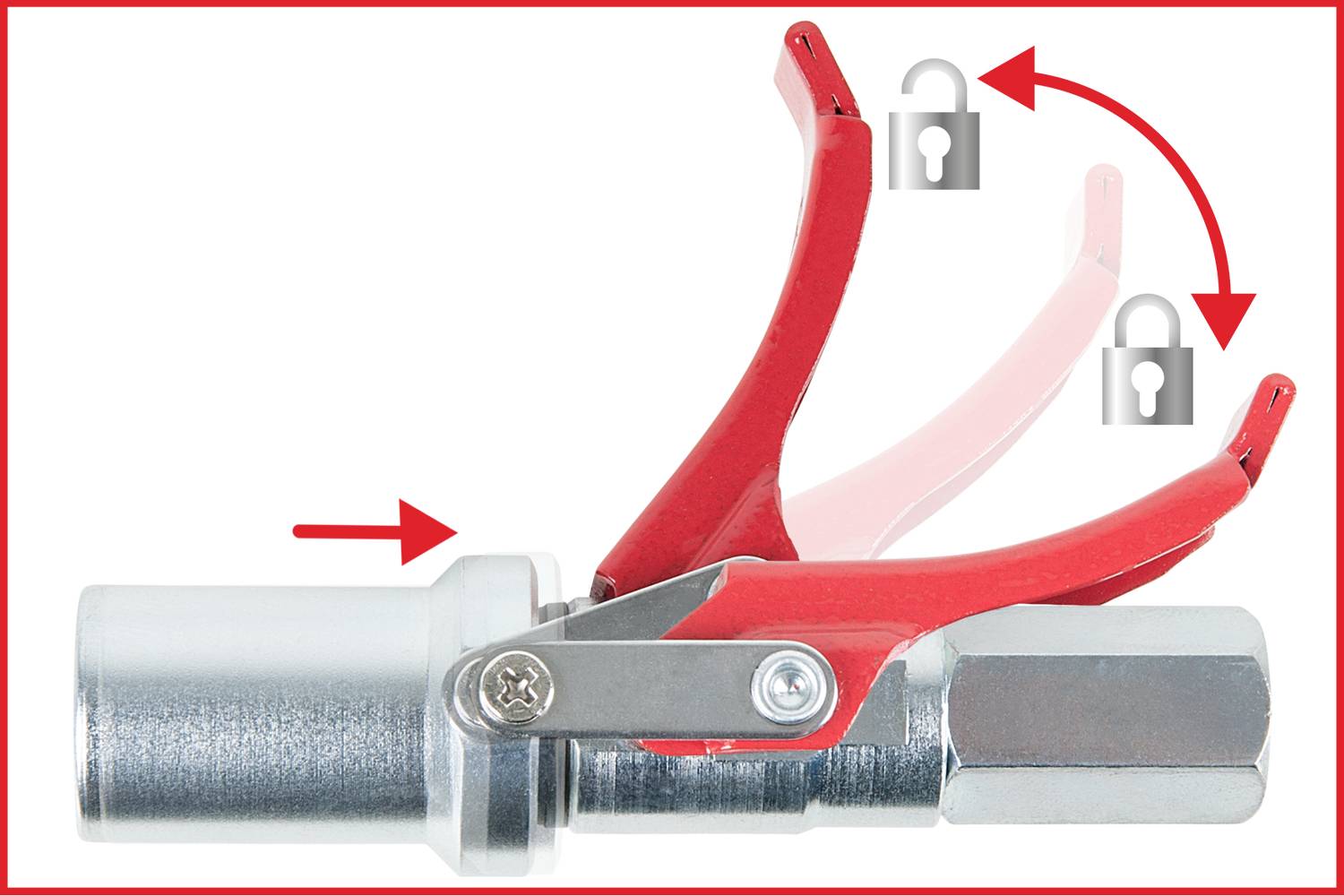 Image of a locking mechanism: A metal device with a red lever that can be locked and unlocked by turning.