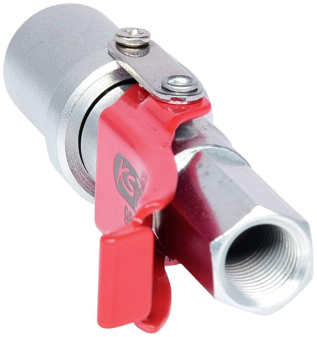 A chrome-plated ball valve with a red lever handle. The lever is in the 'closed' position. Suitable for liquid flows.