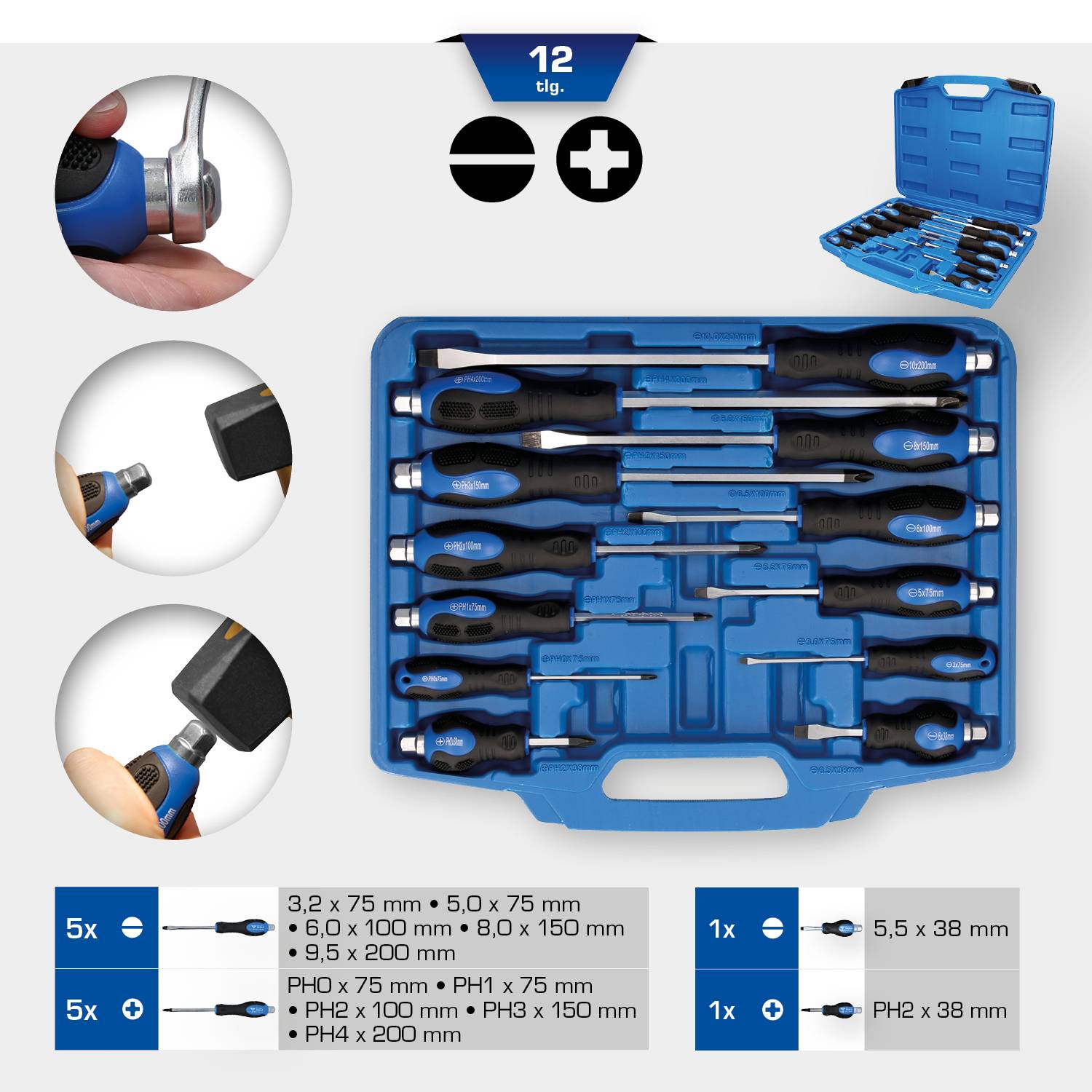 'Tool case with various screwdrivers: cross and slotted profiles. Contains 12 pieces including precision screwdrivers.'