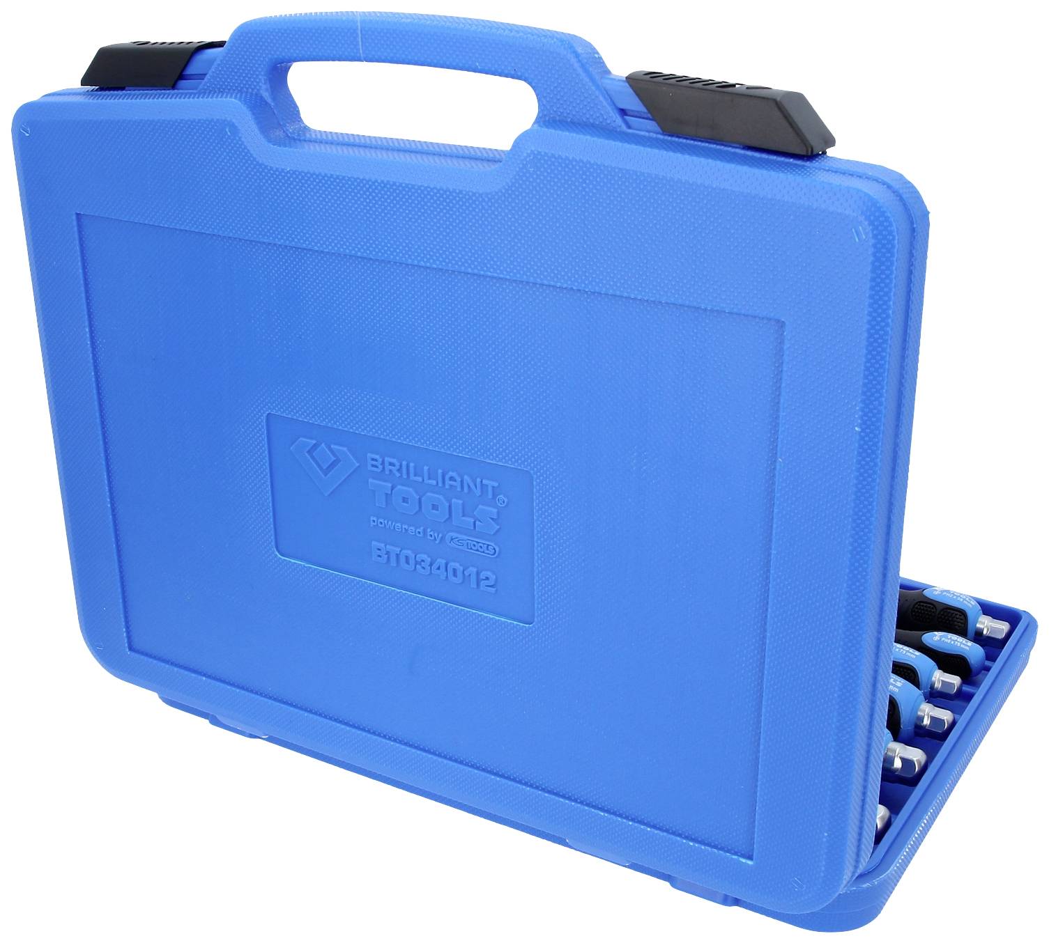 Blue tool case with handle, partially open, showing sorted tools inside.