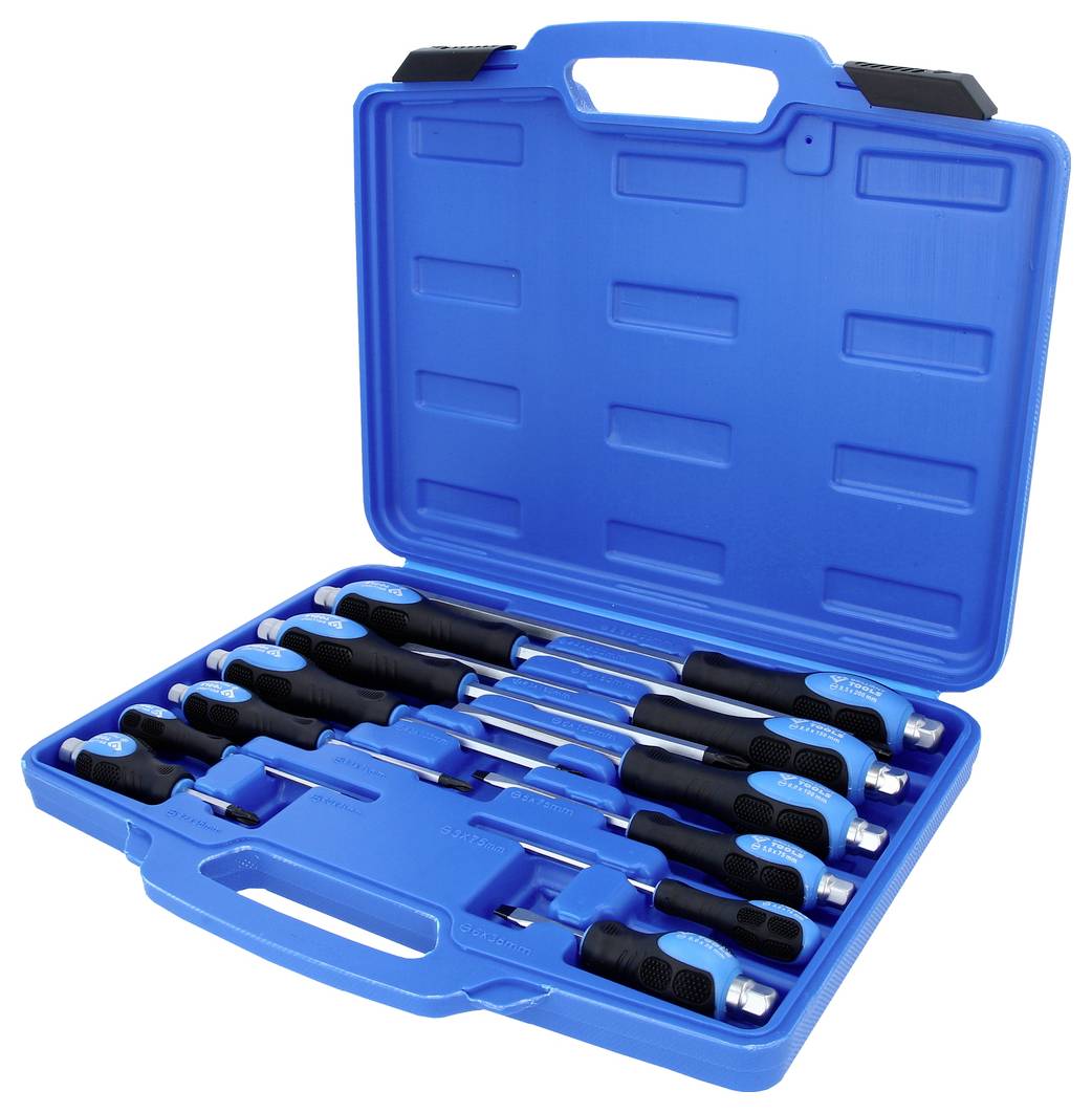 'A blue plastic case containing ten assorted modern screwdrivers with black and blue handles, arranged neatly inside.'