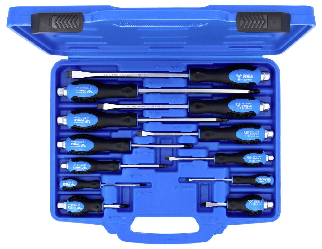 A blue plastic case containing a set of 12 black screwdrivers with various head types and sizes, neatly organized in designated slots.