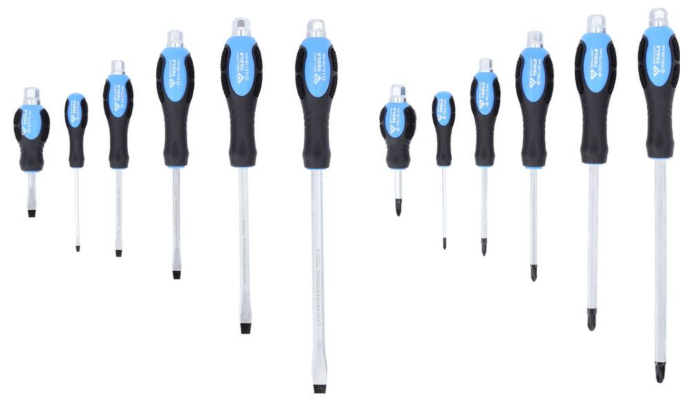 A set of 12 blue and black handled screwdrivers arranged in descending order by size, featuring both flathead and Phillips head tips.